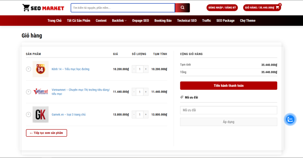 Tiến hành thanh toán các đơn hàng đã lựa chọn
