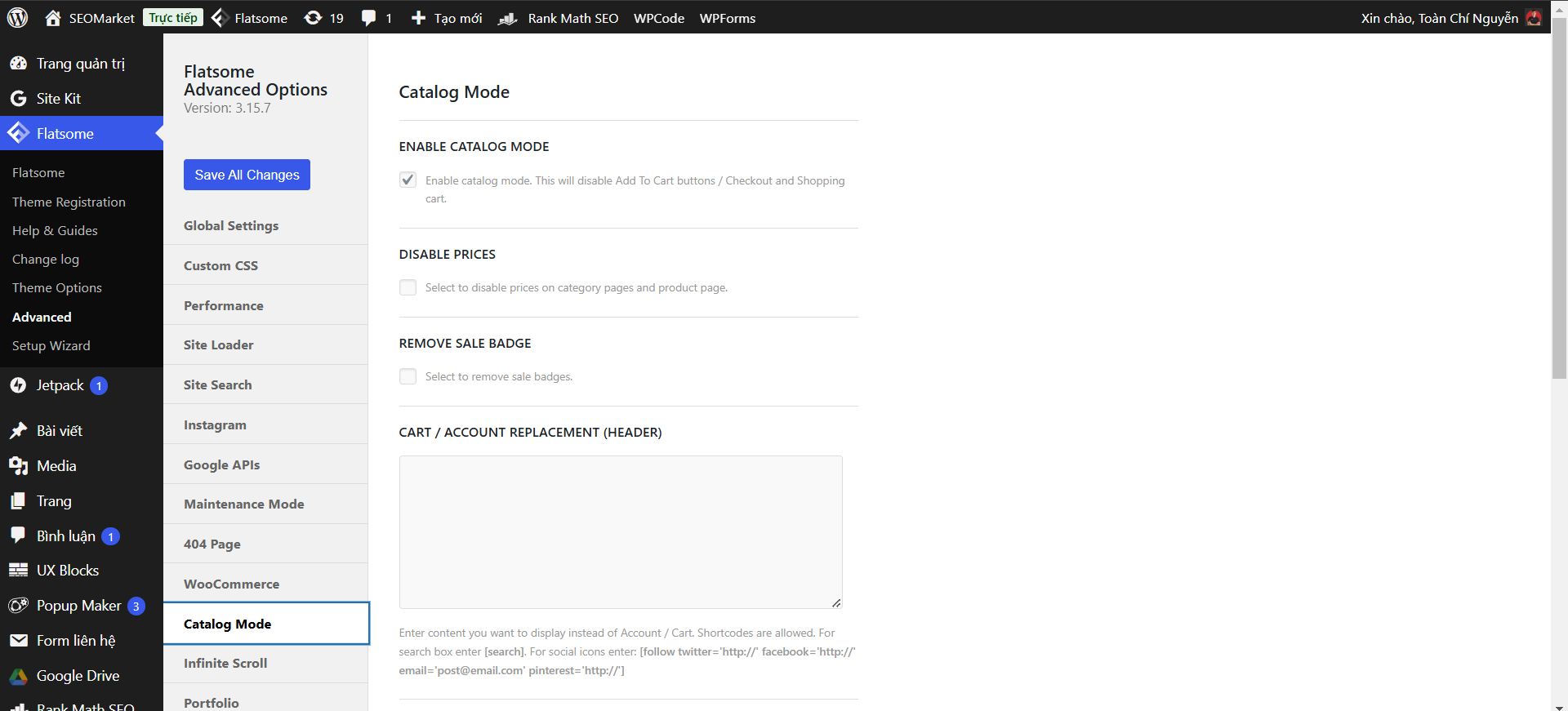 Chọn "Enable catalog mode" để ẩn nút "add to cart"